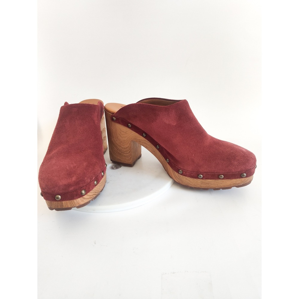 Kork-Ease Clog Mules 9M Burgundy Suede Studded Wood Platform Boho Retro Shoes - Picture 6 of 9